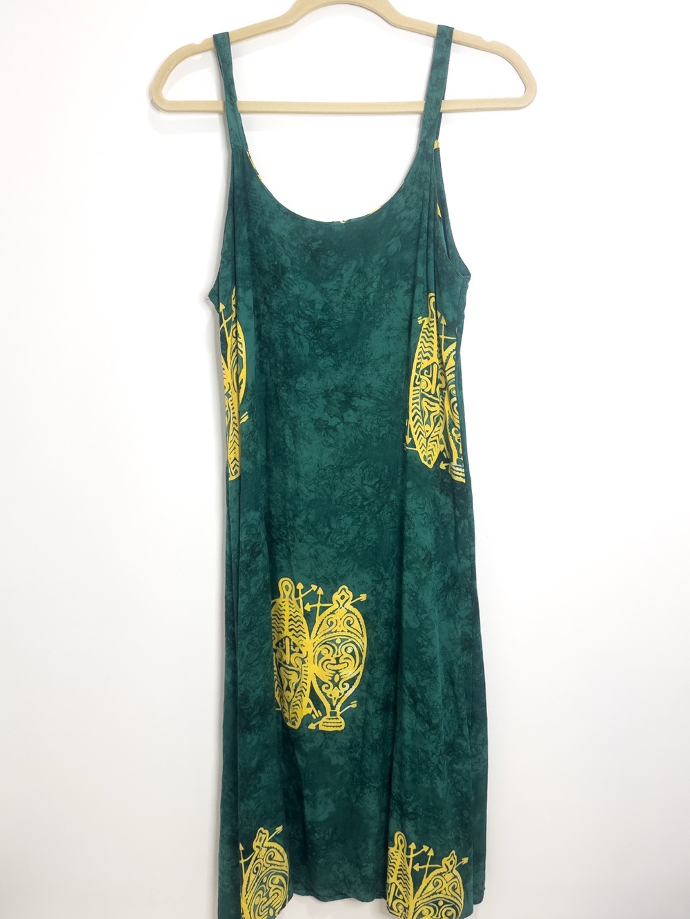 Vintage Batik Midi Dress Women’s M Emerald Green Gold Tribal Print Sundress 90s